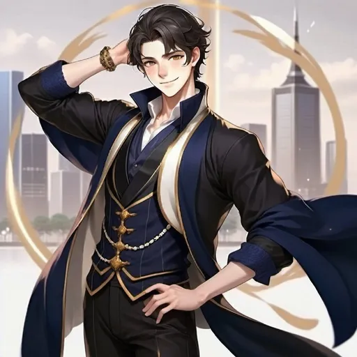 Prompt: A male character with appearance are 17 year-of-age, tall and regal with a charming smile, striking features, and elegant posture. He has neatly styled dark hair and warm, expressive eyes, body is proportionate and muscular. Dark colored clothes, wears a necklace, skin color is quite white. Background is Tokyo city with magical and modern technology world setting. Japanese style 
Handsome 