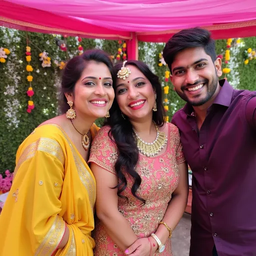 Prompt: Surrounded by vibrant decorations of rich pinks and yellows, three individuals pose closely together, emanating joy and celebration. To the left, a woman adorned in a stunning yellow sari with intricate gold accents smiles brightly, her hair styled elegantly. In the center, a beautifully dressed woman wears traditional attire with colorful embroidery, complete with floral jewelry and a decorative headpiece that enhances her graceful appearance. On the right, a man in a deep purple kurta offers a cheerful expression as he positions himself for the selfie. The lush backdrop of greenery and floral arrangements adds to the festive atmosphere, creating an inviting scene full of cultural richness and warmth, likely captured during a joyous occasion. The timestamp suggests the moment was taken in the evening, enhancing the celebratory mood.