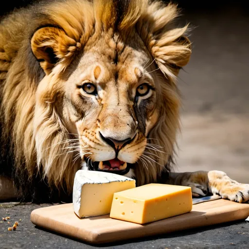 Prompt: lion eating cheese