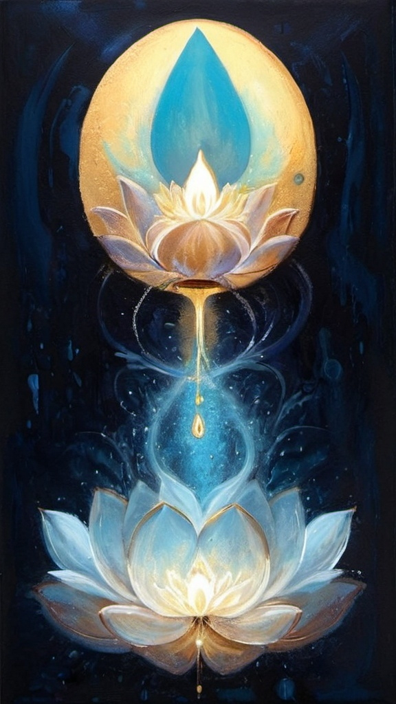 Prompt: a painting of a light blue color seed which is growing out to be beautiful golden lotus metaphysical painting, radiant light, an acrylic on canvas painting leaving some space below