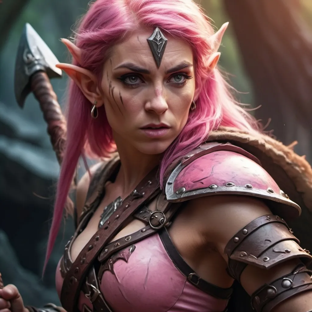 Prompt: dungeons and dragons, female elf, pink hair, barbarian