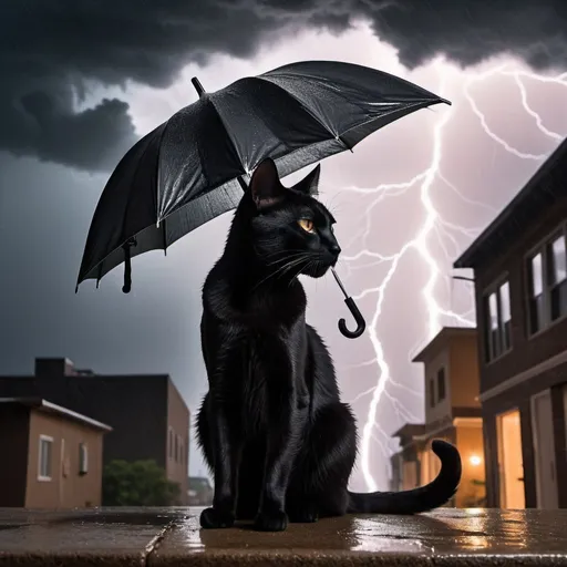Prompt: The solitary black cat stands poised, its sleek form silhouetted against the backdrop of a raging thunderstorm. With an umbrella unfurled overhead, it exudes an air of mysterious resilience amidst the tumultuous downpour, while the ominous glow of a burning building in the distance adds an element of haunting drama to the scene.

