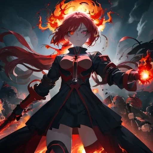Prompt: The scene is set amidst explosive chaos, with a captivating anime girl at the center. Her striking appearance features one eye glowing a fierce red, while the other remains a serene, natural hue. In her hands, she wields vibrant blue flames, exuding an aura of power and mystery. As she stands surrounded by other anime girls in the background, the energy of the moment is palpable.

