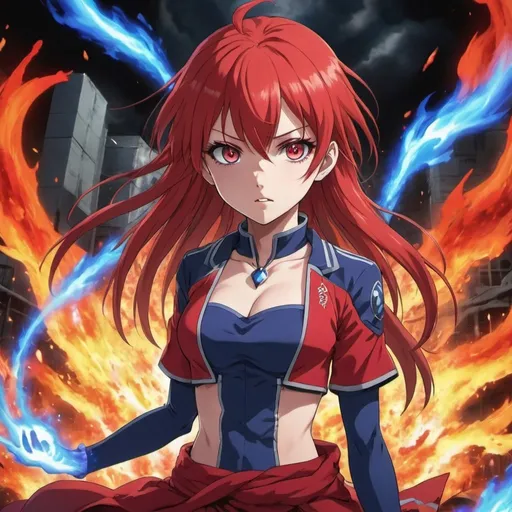 Prompt: The scene is set amidst explosive chaos, with a captivating anime girl at the center. Her striking appearance features one eye glowing a fierce red, while the other remains a serene, natural hue. In her hands, she wields vibrant blue flames, exuding an aura of power and mystery. As she stands surrounded by other anime girls in the background, the energy of the moment is palpable.

