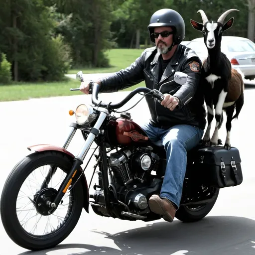 Prompt: man riding a motorcycle (Harley Davidson) with a goat riding along