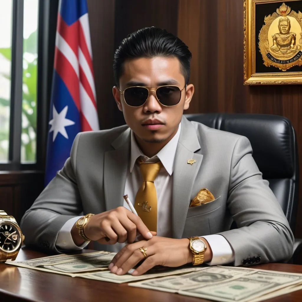 Prompt: Generate a photo of a young gangster with a gold ring and Rolex watch sitting in his office smoking a cigar, behind the background, there should be a gold frame, the photo inside the gold frame with a photo of US dollars, and then on the table with the flags of Malaysia and Cambodia together.
