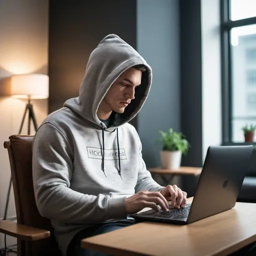 Prompt: A guy wearing a hoody sitting in comfy chair while coding in a well lit room