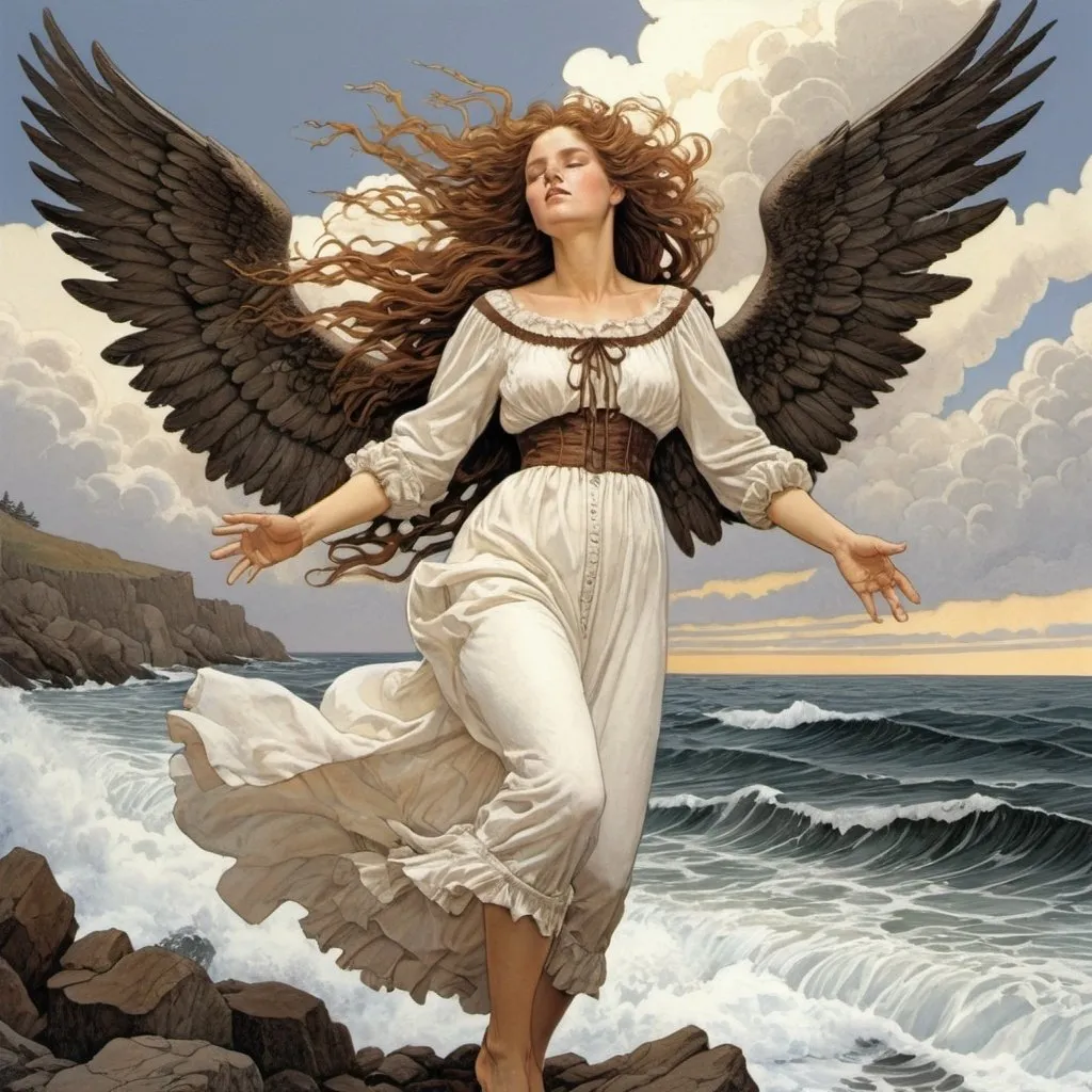 Prompt: The angels, not half so happy in heaven,
Went envying her and me—
Yes!—that was the reason (as all men know,
In this kingdom by the sea)
That the wind came out of the cloud, chilling
And killing my Annabel Lee. - Artwork in the style of Bev Doolittle