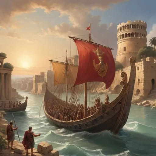 Prompt: Against the Tiber's mouth, but far away,
An ancient town was seated on the sea;
A Tyrian colony; the people made
Stout for the war, and studious of their trade:
Carthage the name; belov'd by Juno more
Than her own Argos, or the Samian shore.
Here stood her chariot; here, if Heav'n were kind,
The seat of awful empire she design'd.
Yet she had heard an ancient rumor fly,
(Long cited by the people of the sky,)
That times to come should see the Trojan race
Her Carthage ruin, and her towers deface.
Nor thus confined, the yoke of sovereign sway
Should on the necks of all the nations lay. - Artwork in the style of Andy Russell