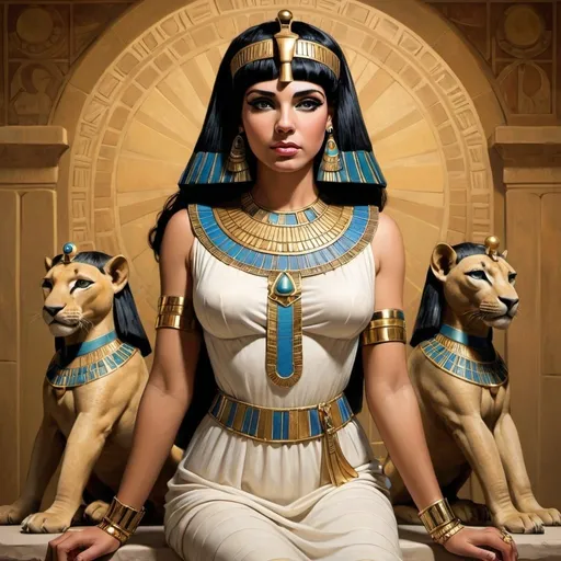 Prompt: Cleopatra: the Queen of Egypt.  Cleopatra is a beautiful woman who falls in love with Antony.  She is childlike at times, throwing tantrums and having fits of jealousy especially where Octavia is involved.  She is cunning too in her relationships with others. - Artwork in the style of Cheryl Bartley