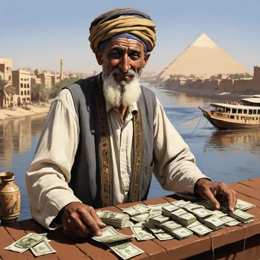 Prompt: And the bazaar man by the Nile, he got the money on a bet  - Artwork in the style of Albin Talik