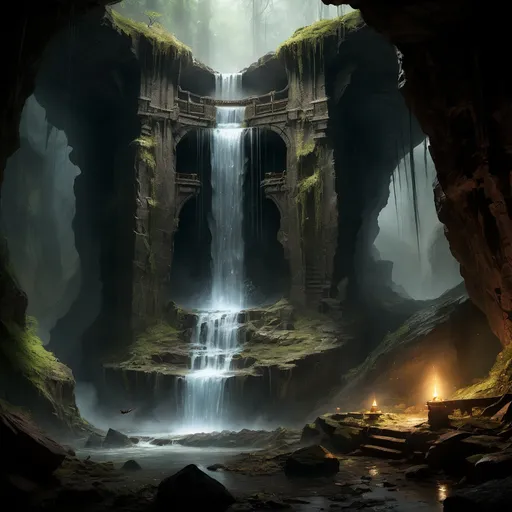 Prompt: A large waterfall in a shadowy boulder field marks the entrance to this dungeon. Beyond the waterfall lies a grand, dusty room. It's covered in crawling insects, roots and bat droppings.
Your torch allows you to see remnants of what once must've been a mess hall of sorts, weathered and ravaged by time itself.

Further ahead are two paths, but the right is a dead end. Its twisted trail leads passed countless other pathways and soon you enter a humid area. It's filled with strange glowing crystals and countless dead vermin.  - artwork by Emma Styles