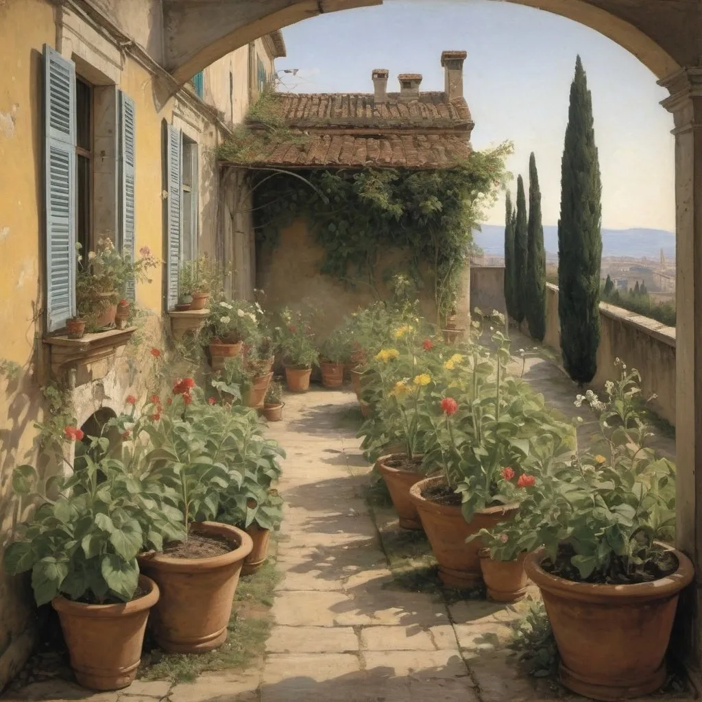 Prompt: Guasconti mechanically did as the old woman advised, but could not quite agree with her that the Paduan sunshine was as cheerful as that of southern Italy. Such as it was, however, it fell upon a garden beneath the window and expended its fostering influences on a variety of plants, which seemed to have been cultivated with exceeding care.

"Does this garden belong to the house?" asked Giovanni.  - Artwork in the style of Charles Gaul