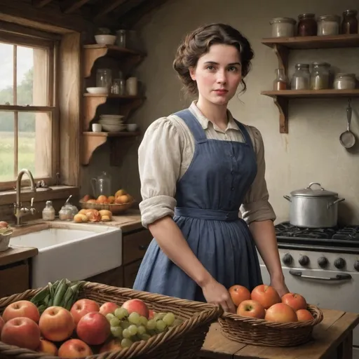 Prompt: "And why was that? You didn't like her?"

"I liked her well enough," she replied with spirit. "Farmers' wives have their hands full, Mr. Henderson. And then—" She looked around the kitchen.

"Yes?" he encouraged.

"It never seemed a very cheerful place," said she, more to herself than to him. - Artwork in the style of Cecile Albi