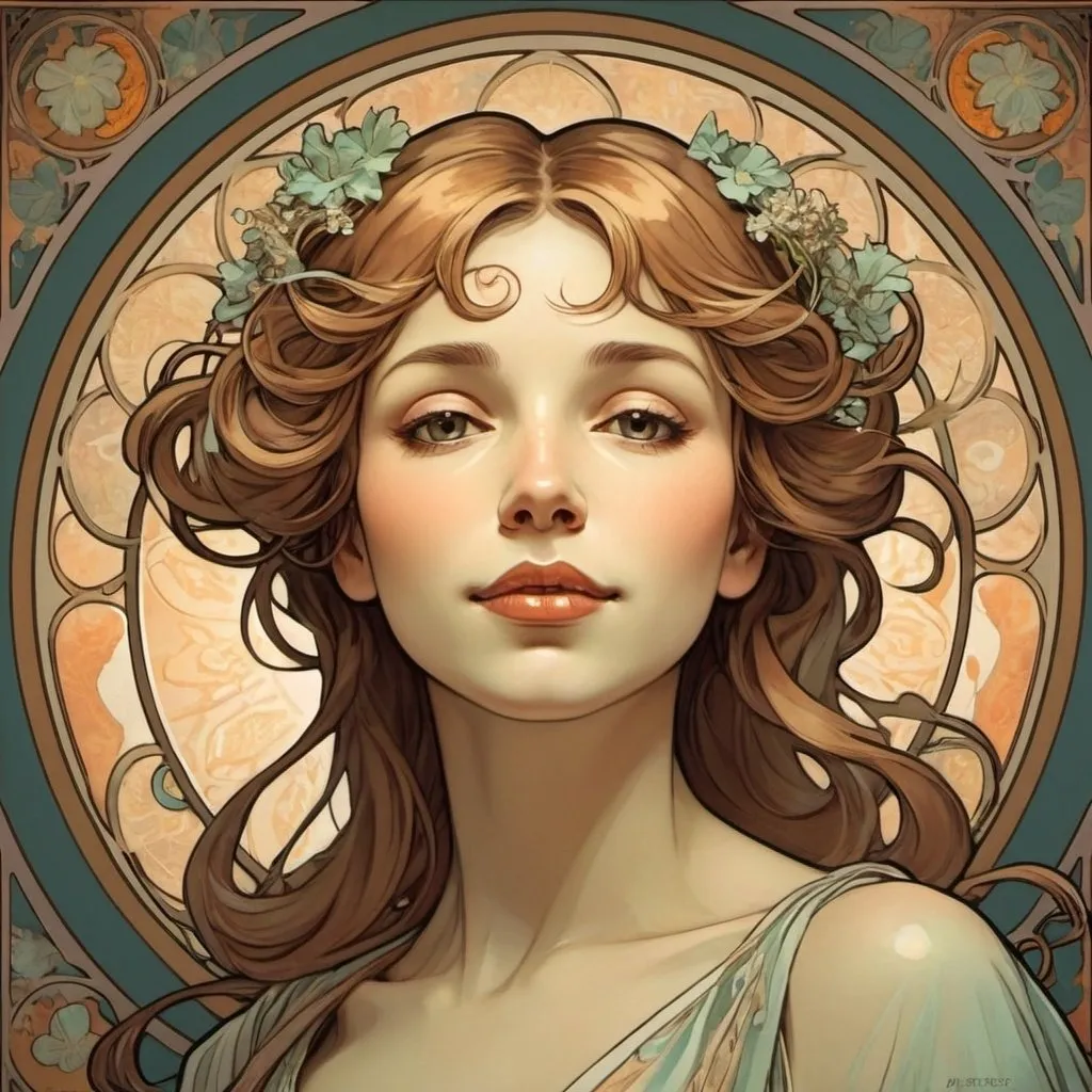 Prompt: Désirée's face became suffused with a glow that was happiness itself. - Artwork in the style of Alphonse Mucha