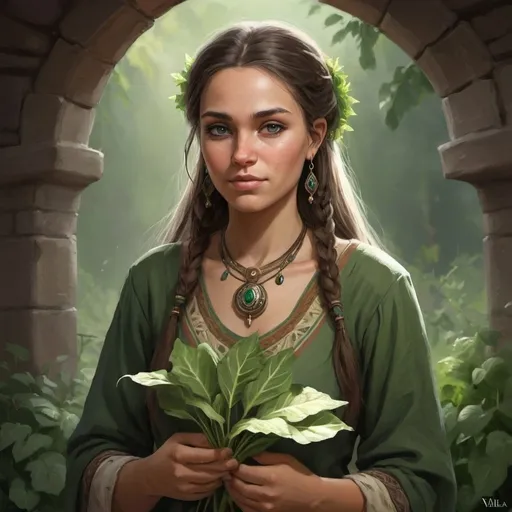Prompt: Amaly is the eldest daughter of Herald Pol and Healer Ilea. She received her Healer’s Greens six years prior to Brightly Burning. She is married to a man named Ranolf. They live in a village in the southwestern part of Valdemar with their children. - Artwork in the style of David Dolan