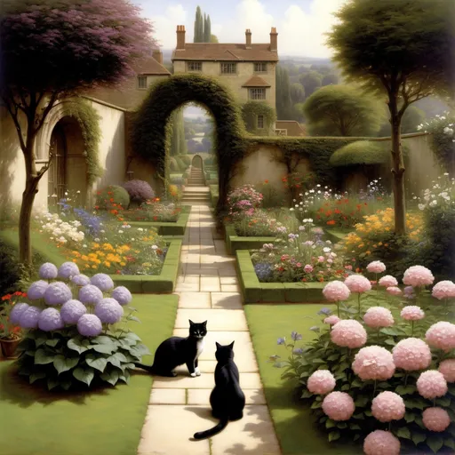 Prompt: painting of a garden with a cat in the middle of it, a painting by Edmund Blair Leighton, fantasy art, beautiful fantasy painting, fantasy beautiful, fantasy art landscape