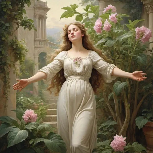 Prompt: "And gladly will I undertake it," cried again the rich tones of the young lady, as she bent towards the magnificent plant and opened her arms as if to embrace it. "Yes, my sister, my splendour, it shall be Beatrice's task to nurse and serve thee; and thou shalt reward her with thy kisses and perfumed breath, which to her is as the breath of life." - Artwork in the style of Charles Gaul