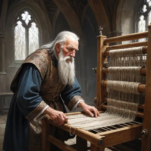 Prompt: So the faithful old minister went into the hall, where the knaves were working with all their might, at their empty looms. “What can be the meaning of this?” thought the old man, opening his eyes very wide. “I cannot discover the least bit of thread on the looms.” However, he did not express his thoughts aloud. - artwork in the style of Anna Hammer