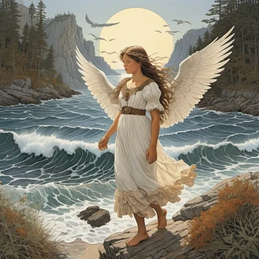 Prompt: She was a child and I was a child,
In this kingdom by the sea,
But we loved with a love that was more than love—
I and my Annabel Lee;
With a love that the winged seraphs of heaven
Coveted her and me. - Artwork in the style of Bev Doolittle