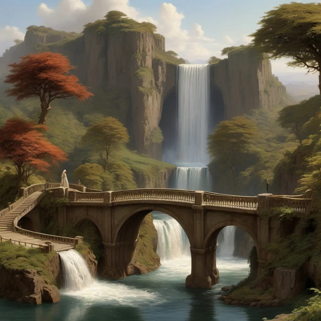 Prompt: arafed island with a waterfall and a bridge in the middle of it, a detailed matte painting by Edward Blair Leighton, fantasy art, fantasy art landscape, fantasy landscape painting, fantasy beautiful