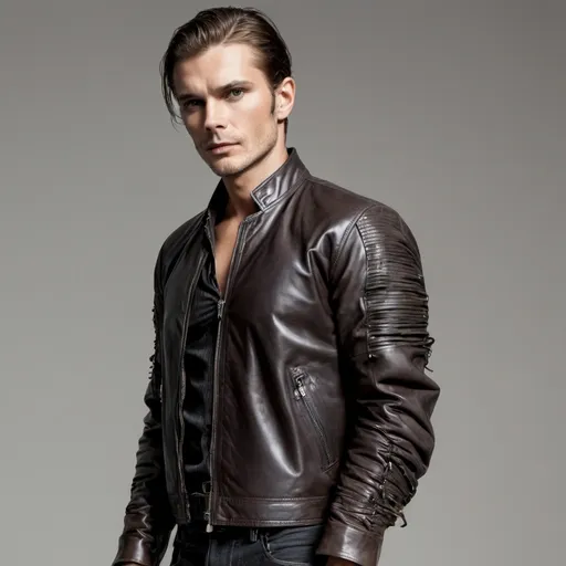 Prompt: His fairly long sleeved, leather jacket covers him to just below his groin and is barely tied with string at the top left side. The sleeves of his jacket are wide and reach down to below his hands, they're decorated with a single thread lining at the sleeve ends.

The jacket has a wide, round neckline which reveals part of the rather simple shirt worn below it and is worn with a thin rope belt, which is held together by a big belt buckle. The rope belt is purely a functional addition.

His pants are simple and wide and reach down to his bound cloth shoes. The shoes are made from a fairly rare cloth, but are otherwise not any different from others. - artwork by Emma Styles