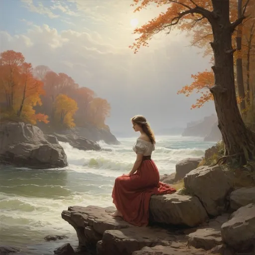 Prompt: No—yet still steadfast, still unchangeable, 
     Pillowed upon my fair love's ripening chest,                       
To feel for ever its soft fall and swell, - Artwork in the style of Alfred Thompson Bricher