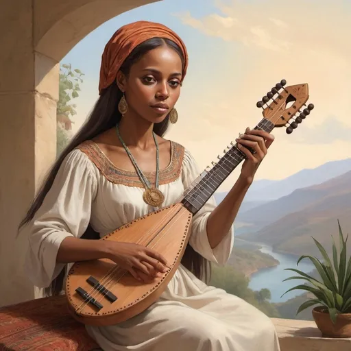 Prompt: A damsel with a dulcimer
     In a vision once I saw:
     It was an Abyssinian maid,
     And on her dulcimer she played,
     Singing of Mount Abora.
     Could I revive within me
     Her symphony and song,
     To such a deep delight 'twould win me, - Artwork in the style of Ali Corti