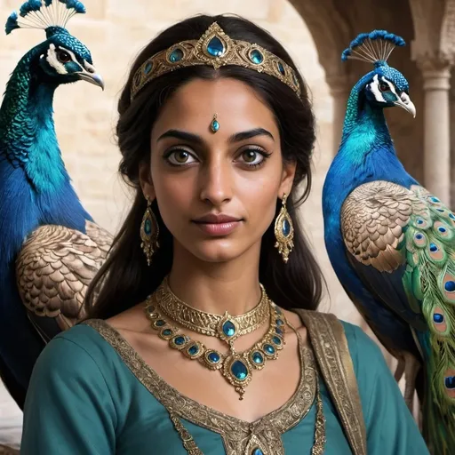 Prompt: Amal is the younger sister of Herald Samira. As a Herald-Trainee she was tasked to accompany Lena on her mission to recover the King's missing peacocks. As a young noblewoman, and the King ward, Lena required suitable chaperones.

Like Lena and both Companions, she became so wrapped up in the traveling show, she forgot their original goal was the peacocks.

Amal is described as having "dark tan skin, brown eyes, and black hair". - Artwork in the style of David Dolan