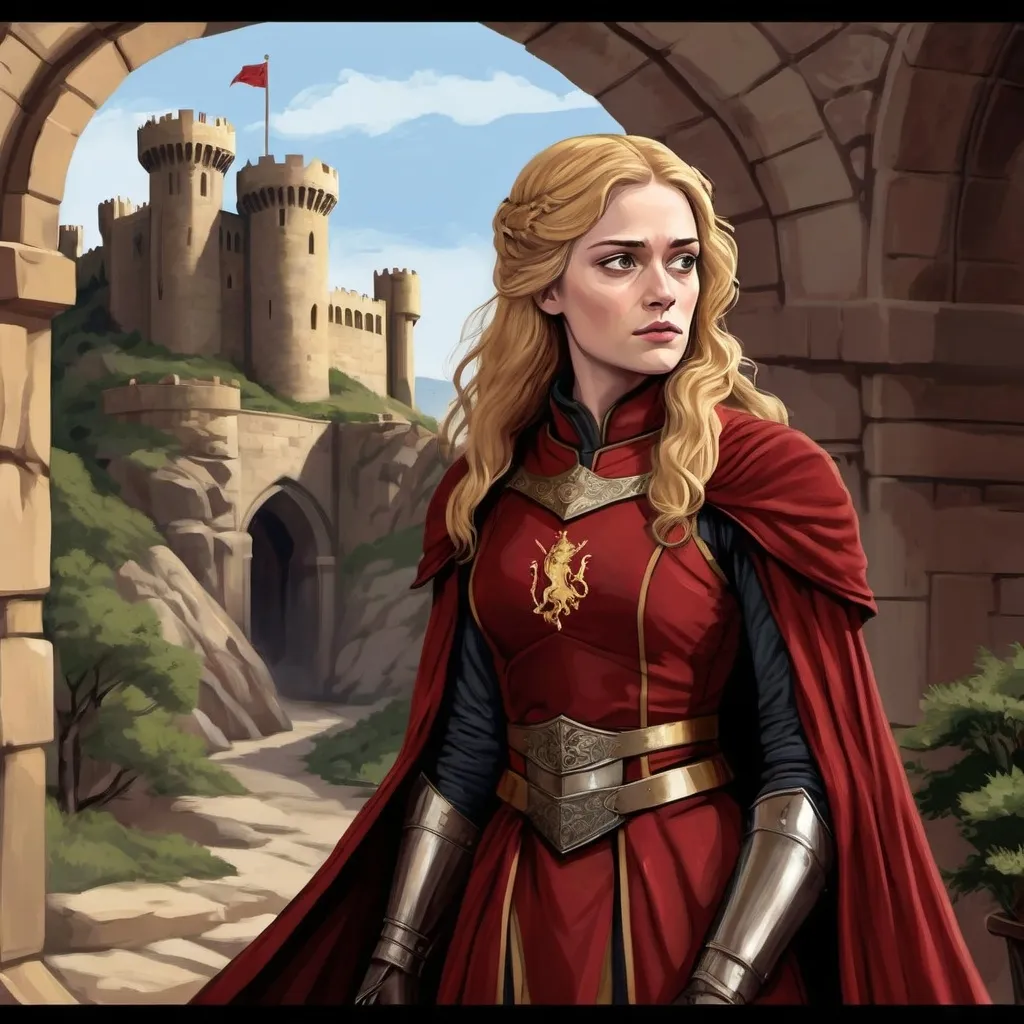 Prompt: Elara Lannister, the acknowledged daughter of Jaime Lannister, has lived her entire life within the walls of Casterly Rock. Everything changes when Robb Stark seizes control of the fortress, presenting him with an opportunity to shift the tide of the war. - artwork in the style of Dominic Orologio