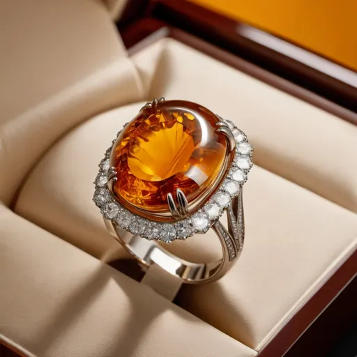 Prompt: a platinum ring set with a large amber sitting in the middle of a ring display - artwork by Ekaterina Prisch