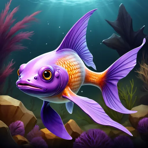 Prompt: This odd and nearly extinct creature is a type of aquatic mammal. It's about the size of a goldfish, has two large flippers, a ribbon-like dorsal fin and a large, powerful tail.
They have a thin, but strong skin which is usually either purple, dark purple, silver or grey or a combination of these colors.. - artwork by Emma Styles