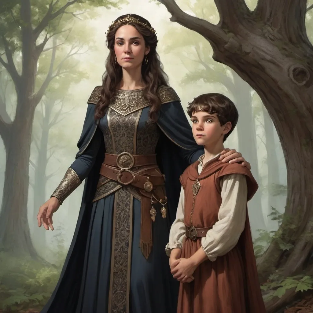 Prompt: Oriana is Madoc’s wife and a former consort of the High King. Oriana is highly protective of Oak, a young boy she insists is her son, and generally ignores Madoc’s other children. In particular, she speaks down to Taryn and Jude because they are fully human. However, by the end of the novel, Oriana agrees to trust Jude and works alongside her to protect Oak, who is actually the son of Oriana’s good (and deceased) friend, Loriope. - Artwork in the style of Charles Marion Russell