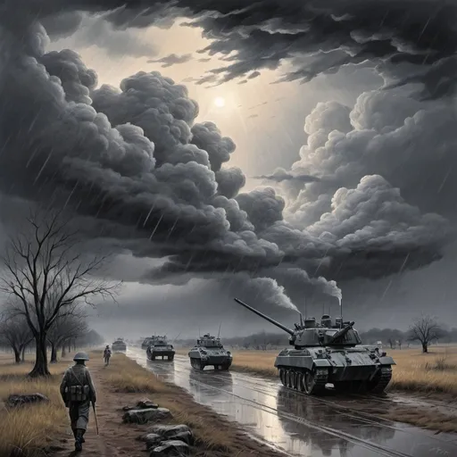 Prompt: The poignant misery of dawn begins to grow . . .
We only know war lasts, rain soaks, and clouds sag stormy.
Dawn massing in the east her melancholy army
Attacks once more in ranks on shivering ranks of gray,
          But nothing happens. - Artwork in the style of Bill Bell