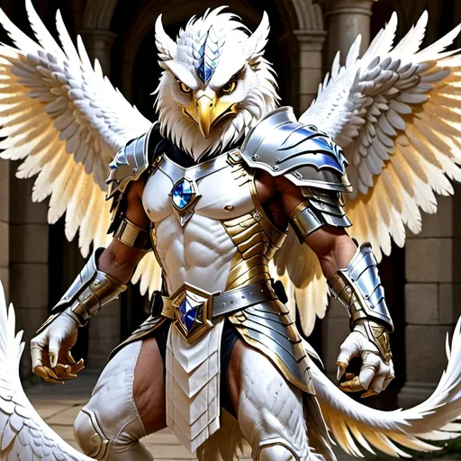 Prompt: Aubri was a broadwing-type gryphon who fought for Urtho, the Mage of Silence, during the Mage Wars.

He was a member of the Sixth Wing. He later became a founding member of the police force known as the Silver Gryphons in the city of White Gryphon.

Aubri was known for his no-nonsense, pragmatic attitude and practical mind. He had a good sense of humor, but was also an excellent fighter. - artwork in the style of Diane Harper