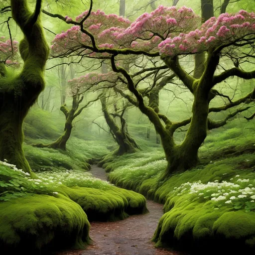 Prompt: The forest was endless, wet, and blooming. Its canopy was demanded by maple, hickory, and hawthorn, who permitted ample, shimmering lights to descend for a mishmash of shrubs to sprout in the moss covered grounds below.
Thick branches held onto many a tree, and an array of flowers, which were common to this area only, spruced up the otherwise jade lower level.
A disharmony of sounds, belonging mostly to herds of larger animals, added life to the forest, and were backed by the occasional splashes of frogs jumping in the nearby lake.  - artwork by Emma Styles