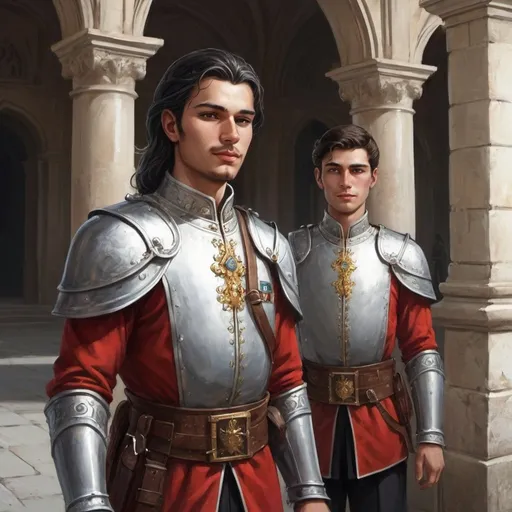 Prompt: Adem is a cheerful, highborn young man, roughly the same age as Karal, who volunteered for the palace guard. Like many highborn youngsters, he didn't take rank very seriously. He was on late night guard duty at the Privy Gate when Rubrik, Ulrich and Karal arrived at the Royal Palace in Haven. After making some inappropriate remarks in front of the envoys, on the assumption that they did not speak Valdemaran, he was severely chastised by Rubrik and put on report. Though he he had two weeks of stable duty to look forward to for his punishment, he was still relieved and thanked Ulrich for not making it worse. - Artwork in the style of Daniel Wall