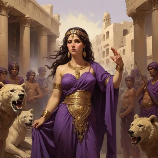 Prompt: "I dare not," she replied, "assume the name
Of goddess, or celestial honors claim:
For Tyrian virgins bows and quivers bear,
And purple buskins over their ankles wear.
Know, gentle youth, in Libyan lands you are-
A people rude in peace, and rough in war.
The rising city, which from far you see,
Is Carthage, and a Tyrian colony.
Phoenician Dido rules the growing state,
Who fled from Tyre, to shun her brother's hate.
Great were her wrongs, her story full of fate;
Which I will sum in short. Sichaeus, known
For wealth, and brother to the Punic throne,
Possessed fair Dido's bed, and either heart
At once was wounded with an equal dart.
Her father gave her, yet a spotless maid.
Pygmalion then the Tyrian scepter swayed:
One who condemned divine and human laws.
Then strife ensued, and cursed gold the cause. - artwork in the style of Ruth Thompson