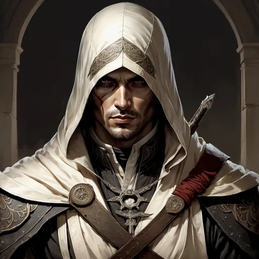 Prompt: A male assassin wearing an ivory ring engraved with a tally of kills - artwork by Ekaterina Prisch