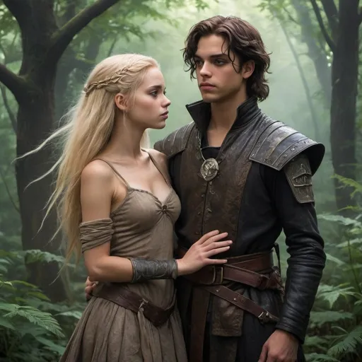 Prompt: Many of the faeries do not like Jude and Taryn because they are outsiders. In particular, Prince Cardan, the youngest son of High King Eldred, tortures Jude and Taryn. Although Taryn tries to stay out of Cardan’s way and do whatever he says, Jude stands up to him, which generally makes things even worse. Cardan is typically accompanied by his three friends, Locke, Nicasia, and Valerian. While Jude hates Nicasia and Valerian, she thinks Locke is actually nice and simply has poor taste in friends. One day, Locke admits that he likes it when Jude sticks up for herself when dealing with Cardan. They then develop a flirtatious relationship. - Artwork in the style of Charles Marion Russell