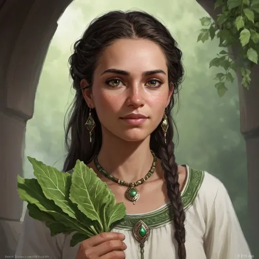Prompt: Amaly is the eldest daughter of Herald Pol and Healer Ilea. She received her Healer’s Greens six years prior to Brightly Burning. She is married to a man named Ranolf. They live in a village in the southwestern part of Valdemar with their children. - Artwork in the style of David Dolan