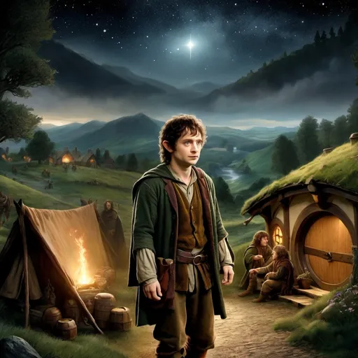 Prompt: When the stars fall across the night sky, the hobbit Frodo Baggins is sent to the Evenshire Camp. There, he trains amongst heroes and form friendships. Only after learning about another camp, where villains train and recruit their minions, Frodo must unite with unlikely allies, as they attempt to search for a reason behind why the stars are falling - artwork in the style of Dmitry Belov