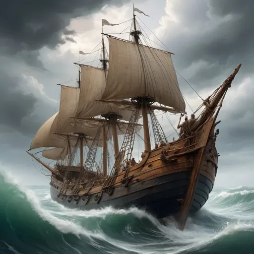 Prompt: Thus, while the pious prince his fate bewails,
Fierce Boreas drove against his flying sails,
And rent the sheets; the raging billows rise,
And mount the tossing vessels to the skies:
Nor can the shivering oars sustain the blow.
The galley gives her side and turns her prow.
While those astern, descending down the steep,
Through gaping waves behold the boiling deep.
Three ships were hurried by the southern blast,
And on the secret shelves with fury cast.
Those hidden rocks the Ausonian sailors knew:
They called them Altars, when they rose in view,
And showed their spacious backs above the flood.
Three more fierce Eurus, in his angry mood,
Dashed on the shallows of the moving sand,
And in mid ocean left them moored a land.
Orontes' bark, that bore the Lycian crew,
(A horrid sight!) even in the hero's view,
From stem to stern by waves was overborne:
The trembling pilot, from his rudder torn,
Was headlong hurled; thrice round the ship was tossed,
Then bulged at once, and in the deep was lost.
And here and there above the waves were seen
Arms, pictures, precious goods, and floating men.
The stoutest vessel to the storm gave way,
And sucked through loosened planks the rushing sea.
Ilioneus was her chief: Alethes old,
Achates faithful, Abas young and bold,
Endured not less, their ships, with gaping seams,
Admit the deluge of the briny streams. - Artwork in the style of Aniko Salamon