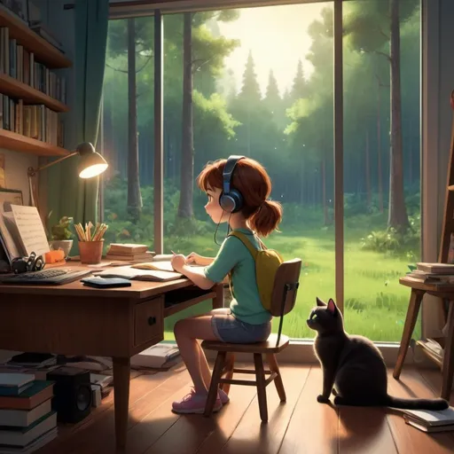 Prompt: pixar scene of a young girl sitting on a study desk , listening to music , anime style with cat on the lap , forest background