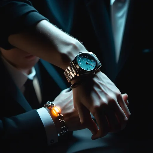 Prompt: a person holding a wrist with a bracelet on it's wrist and a watch on their wrist with a glow on it, Constant, neo-romanticism, cinematic still, a photo