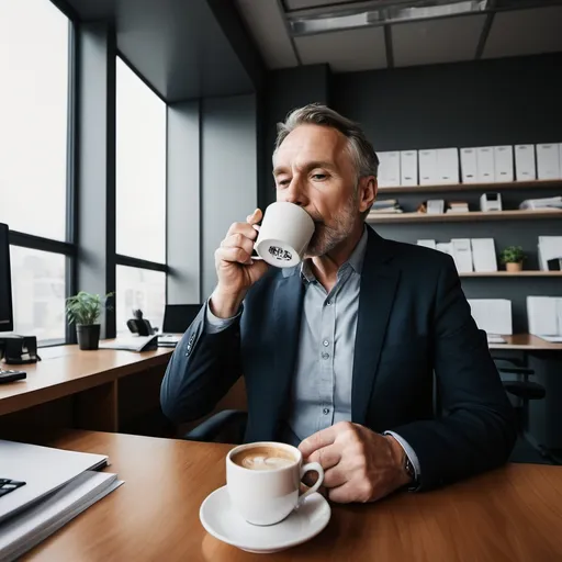 Prompt: man sipping coffee at his office shot on an ultra wide lens



