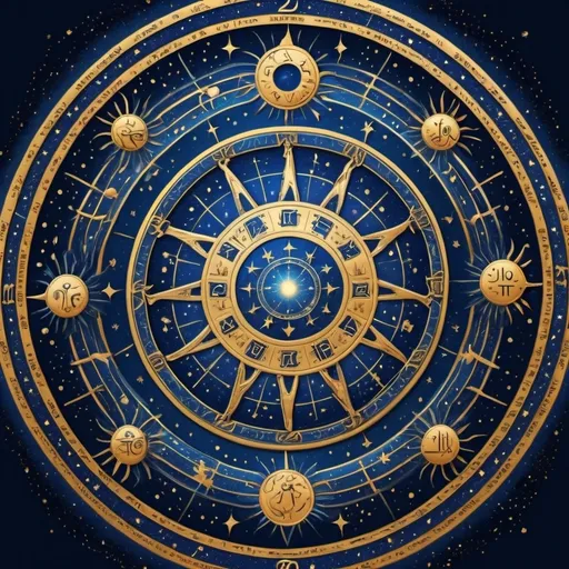 Prompt: Zodiac signs, celestial symbols, intricate line art, glowing celestial background, rich blue and gold colors, sparkling stars, ethereal atmosphere, combination of various zodiac motifs, zodiac wheel, mystical aura, dreamy vibe, ultra-detailed, high quality, seamless blend of astrology elements, intuition, cosmic energy, unique representations of each sign, beautifully interconnected.