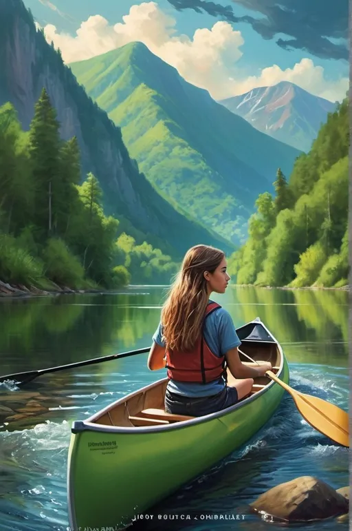 Prompt: (book cover), (teenage girl), canoeing, on a river, in majestic mountains, worried expression, vibrant colors, serene water, lush greenery, dramatic sky, (high depth detail), atmosphere of adventure, capturing the essence of uncertainty, engaging composition, appealing design for young adults. 