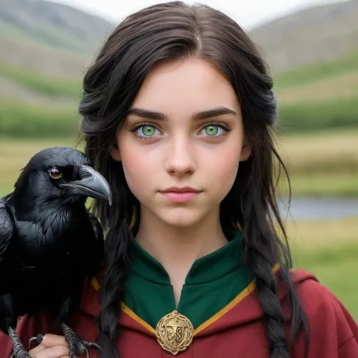 Prompt: A gryfindor girl with raven hair and enerald green eyes
