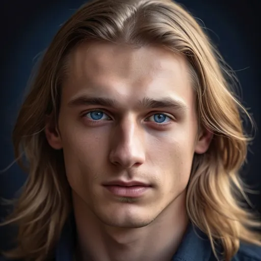 Prompt: Highly realistic portrait of a young Polish man with long dark blonde hair and dark blue eyes, detailed facial features, realistic details, lifelike, professional portrait, warm lighting, cool tones, high quality, realistic, detailed facial features, long dark blonde hair, dark blue eyes, lifelike, professional, warm lighting